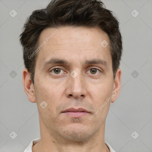 Neutral white adult male with short  brown hair and brown eyes