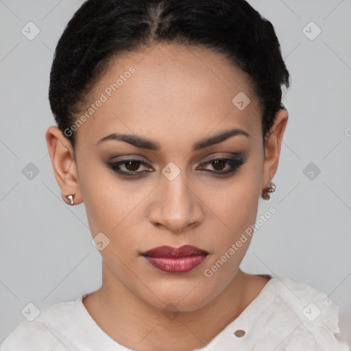 Joyful latino young-adult female with short  brown hair and brown eyes