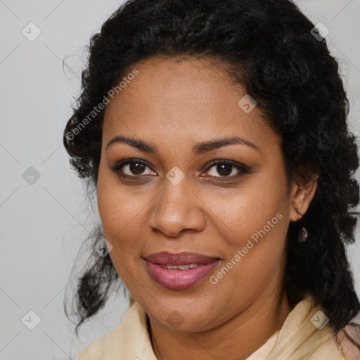 Joyful black adult female with medium  brown hair and brown eyes