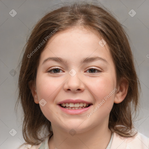 Joyful white child female with medium  brown hair and brown eyes