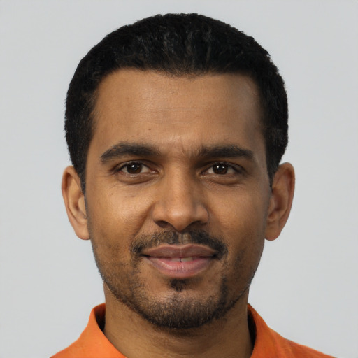 Neutral black young-adult male with short  black hair and brown eyes