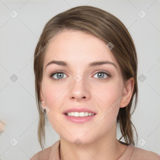 Joyful white young-adult female with medium  brown hair and blue eyes