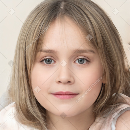 Neutral white child female with medium  brown hair and grey eyes