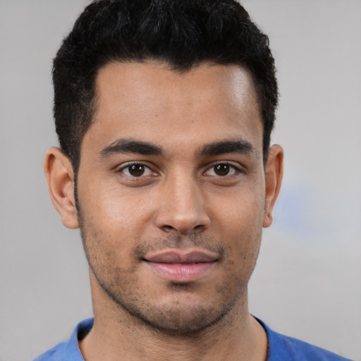 Neutral white young-adult male with short  black hair and brown eyes