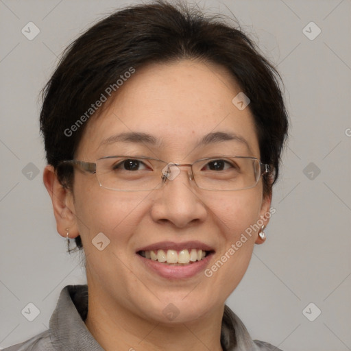 Joyful white adult female with short  brown hair and brown eyes