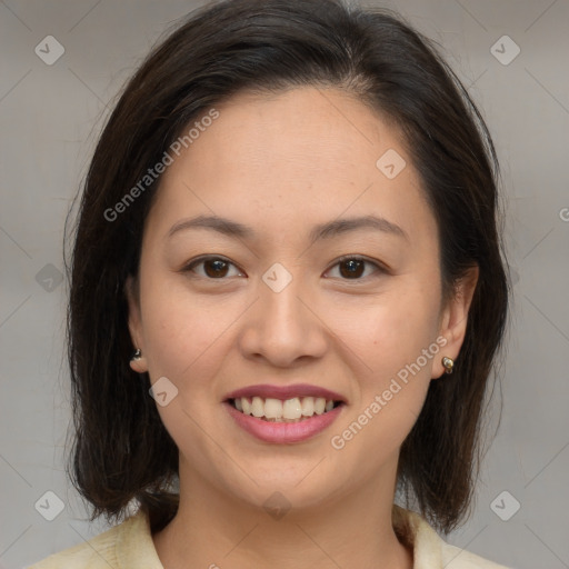 Joyful white young-adult female with medium  brown hair and brown eyes