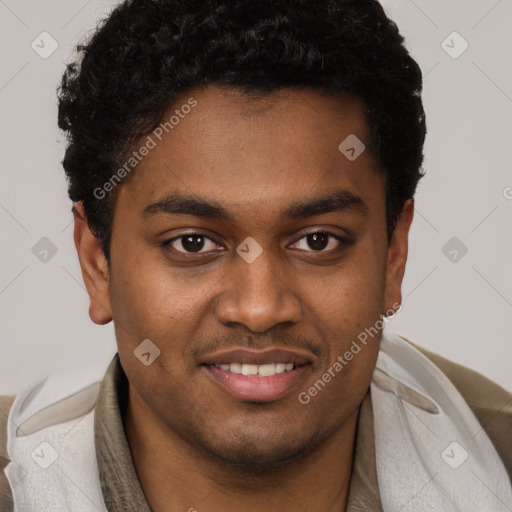Joyful black young-adult male with short  brown hair and brown eyes