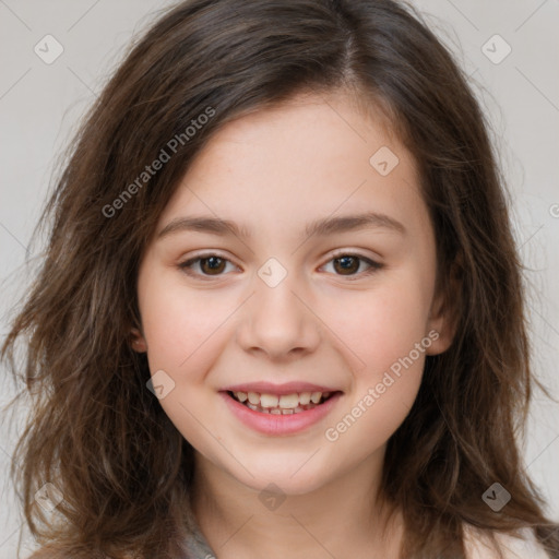 Joyful white child female with medium  brown hair and brown eyes