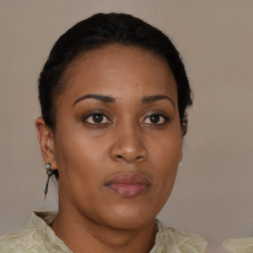 Neutral black young-adult female with short  brown hair and brown eyes