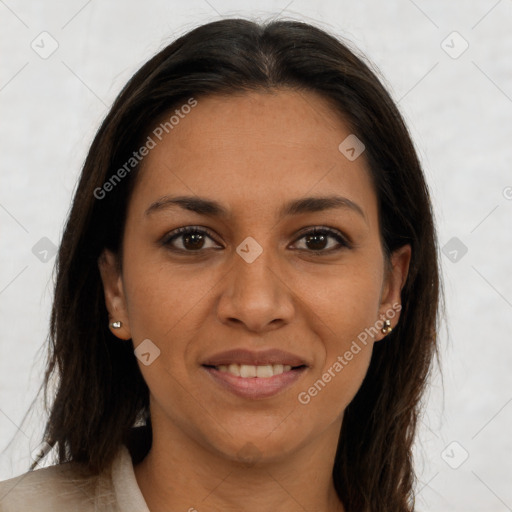 Joyful white young-adult female with long  brown hair and brown eyes