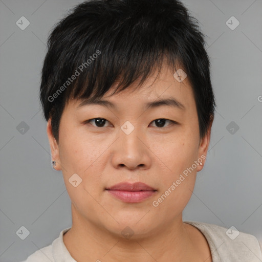 Joyful asian young-adult female with short  brown hair and brown eyes