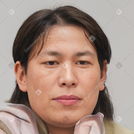 Neutral white adult female with medium  brown hair and brown eyes