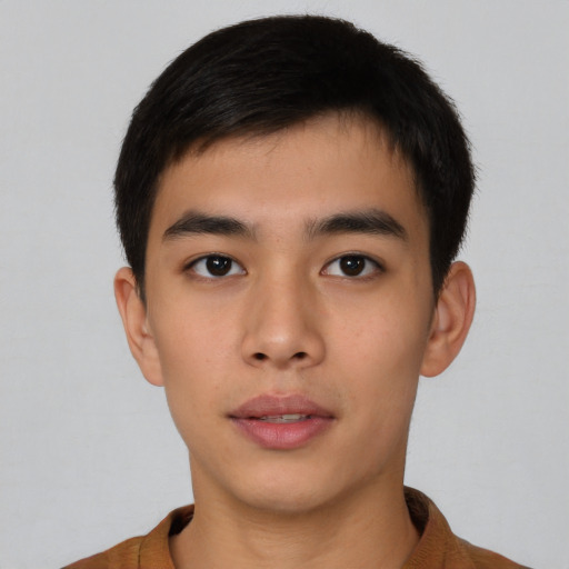 Neutral asian young-adult male with short  black hair and brown eyes