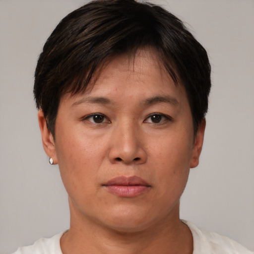 Neutral asian adult female with short  brown hair and brown eyes