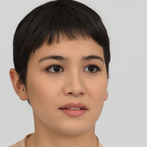 Neutral asian young-adult female with short  brown hair and brown eyes