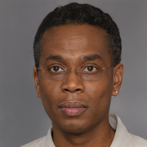 Neutral black adult male with short  black hair and brown eyes