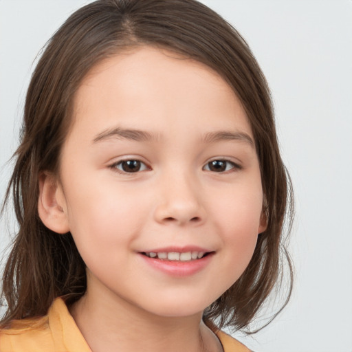 Joyful white child female with medium  brown hair and brown eyes