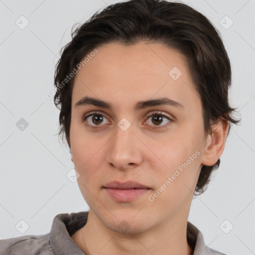 Neutral white young-adult female with medium  brown hair and brown eyes