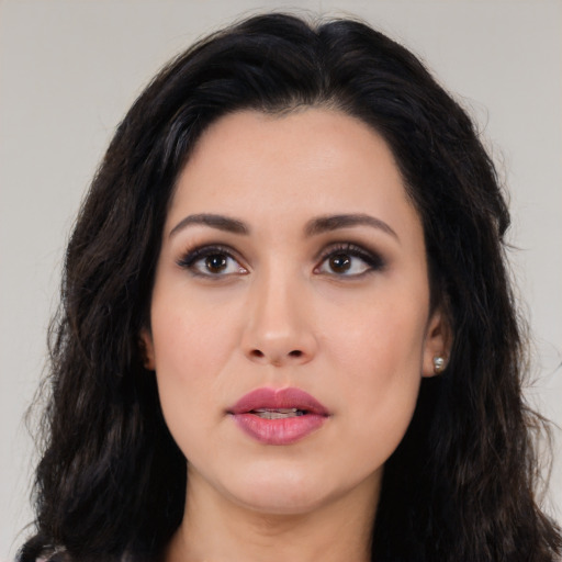Neutral asian young-adult female with long  black hair and brown eyes