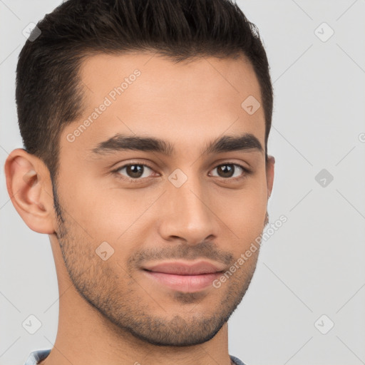 Joyful white young-adult male with short  brown hair and brown eyes