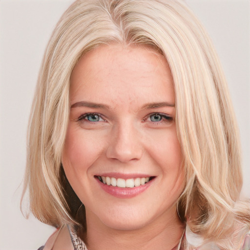 Joyful white young-adult female with long  blond hair and blue eyes