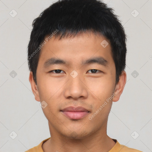 Neutral asian young-adult male with short  black hair and brown eyes