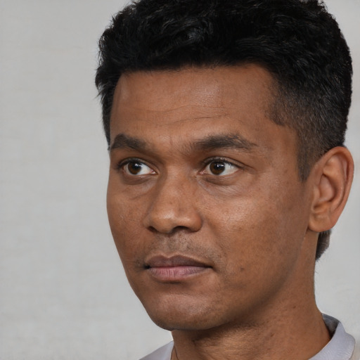 Neutral asian adult male with short  black hair and brown eyes