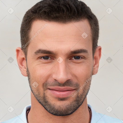 Joyful white young-adult male with short  brown hair and brown eyes