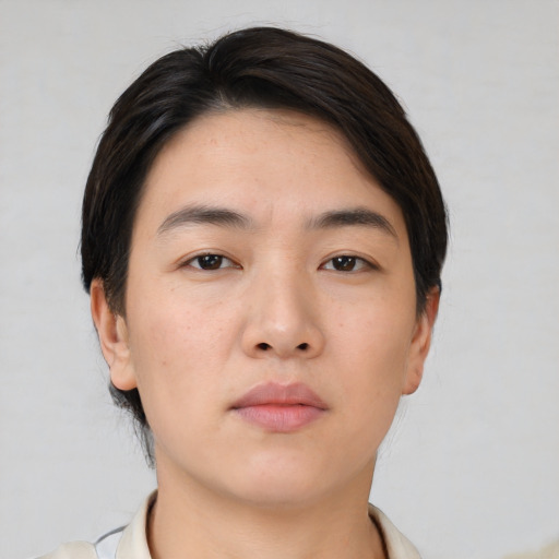 Neutral asian young-adult male with short  brown hair and brown eyes