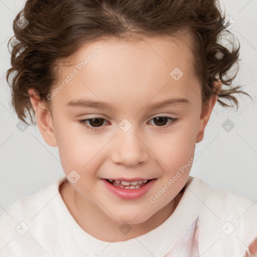 Joyful white child female with short  brown hair and brown eyes