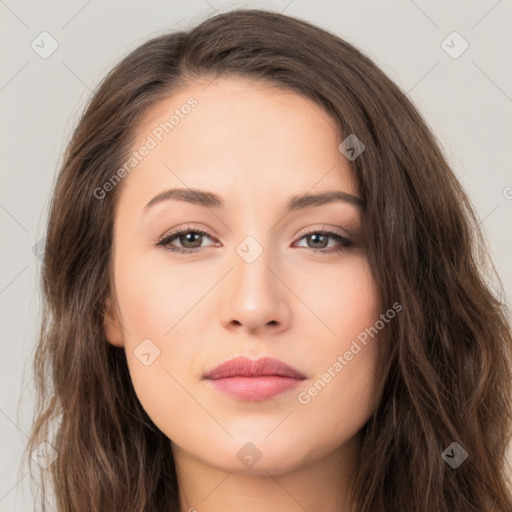 Neutral white young-adult female with long  brown hair and brown eyes