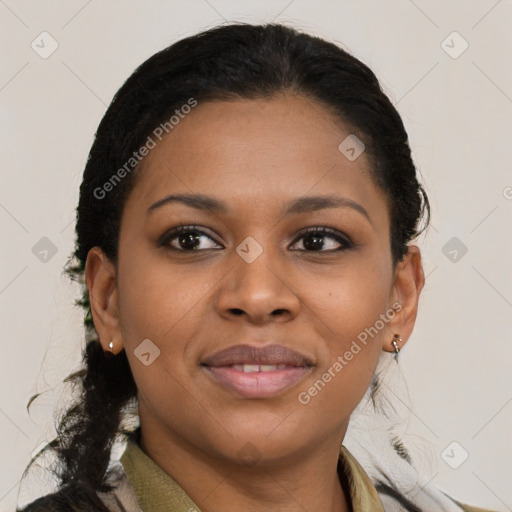 Joyful black young-adult female with medium  brown hair and brown eyes