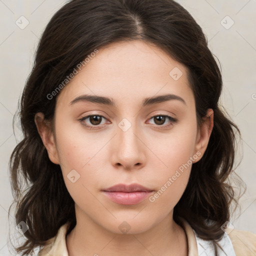 Neutral white young-adult female with medium  brown hair and brown eyes