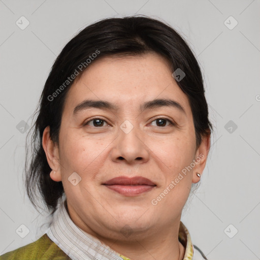 Joyful white adult female with medium  brown hair and brown eyes