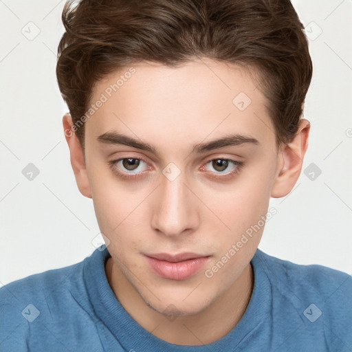 Neutral white young-adult male with short  brown hair and brown eyes