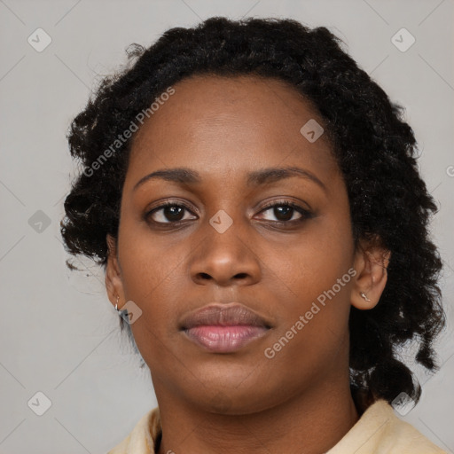 Neutral black young-adult female with medium  brown hair and brown eyes