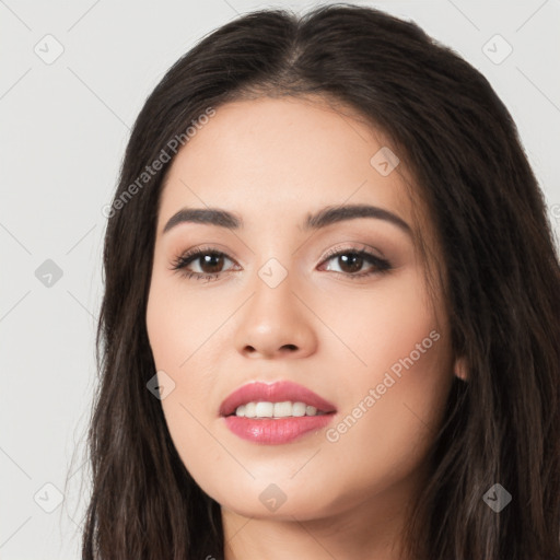 Joyful white young-adult female with long  black hair and brown eyes