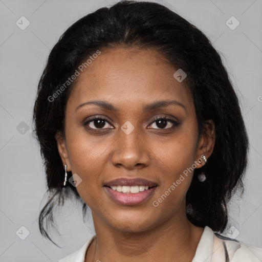 Joyful black young-adult female with medium  black hair and brown eyes