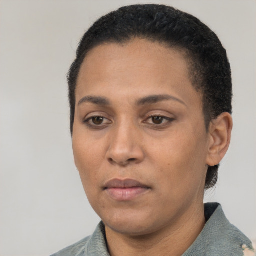 Neutral white young-adult female with short  black hair and brown eyes