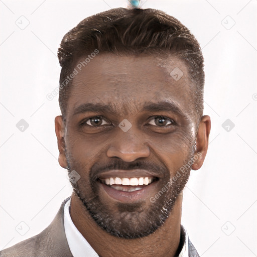 Joyful black young-adult male with short  brown hair and brown eyes