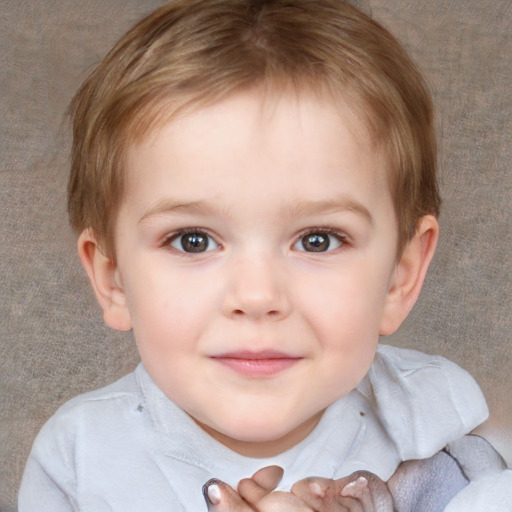 Joyful white child female with short  brown hair and blue eyes