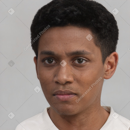 Neutral black young-adult male with short  black hair and brown eyes