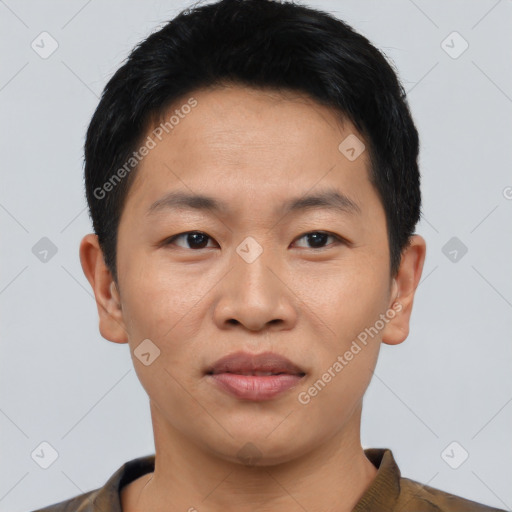 Neutral asian young-adult male with short  black hair and brown eyes