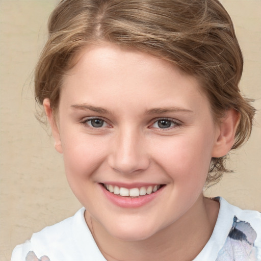 Joyful white child female with medium  brown hair and brown eyes