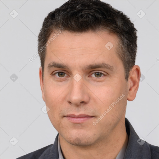 Neutral white adult male with short  brown hair and brown eyes