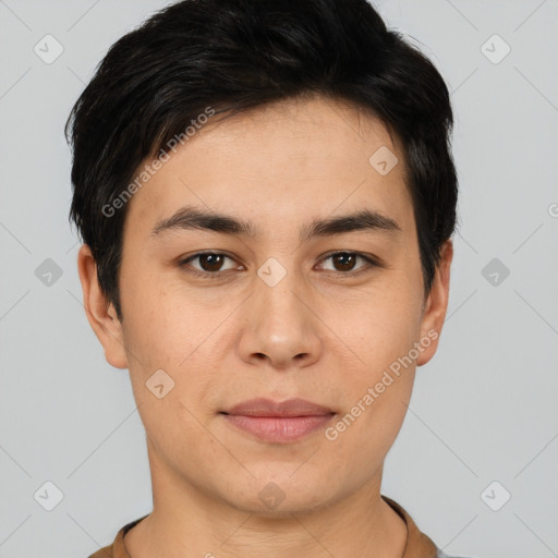 Joyful white young-adult male with short  black hair and brown eyes