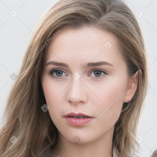 Neutral white young-adult female with long  brown hair and grey eyes