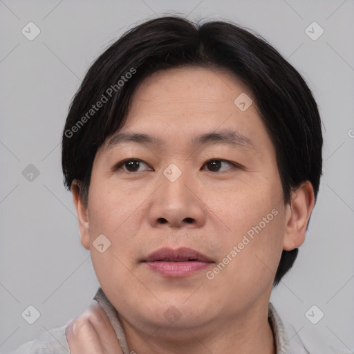 Joyful asian adult male with short  brown hair and brown eyes