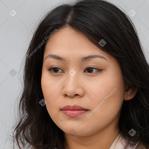 Neutral asian young-adult female with long  brown hair and brown eyes