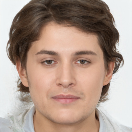 Joyful white young-adult male with medium  brown hair and brown eyes